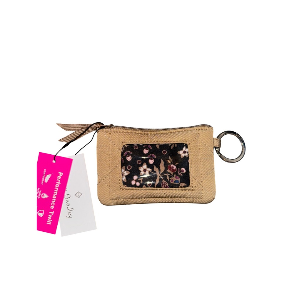 Vera Bradley Performance Twill Zip ID Case Wallet Tan Khaki Quilted Floral NWT